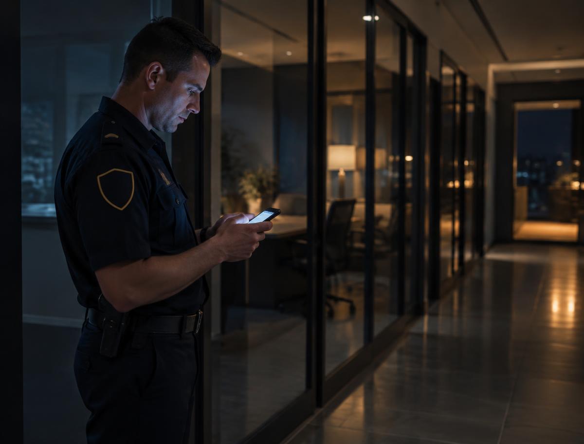 Security guard submitting an incident report on a phone in an office corridor at night