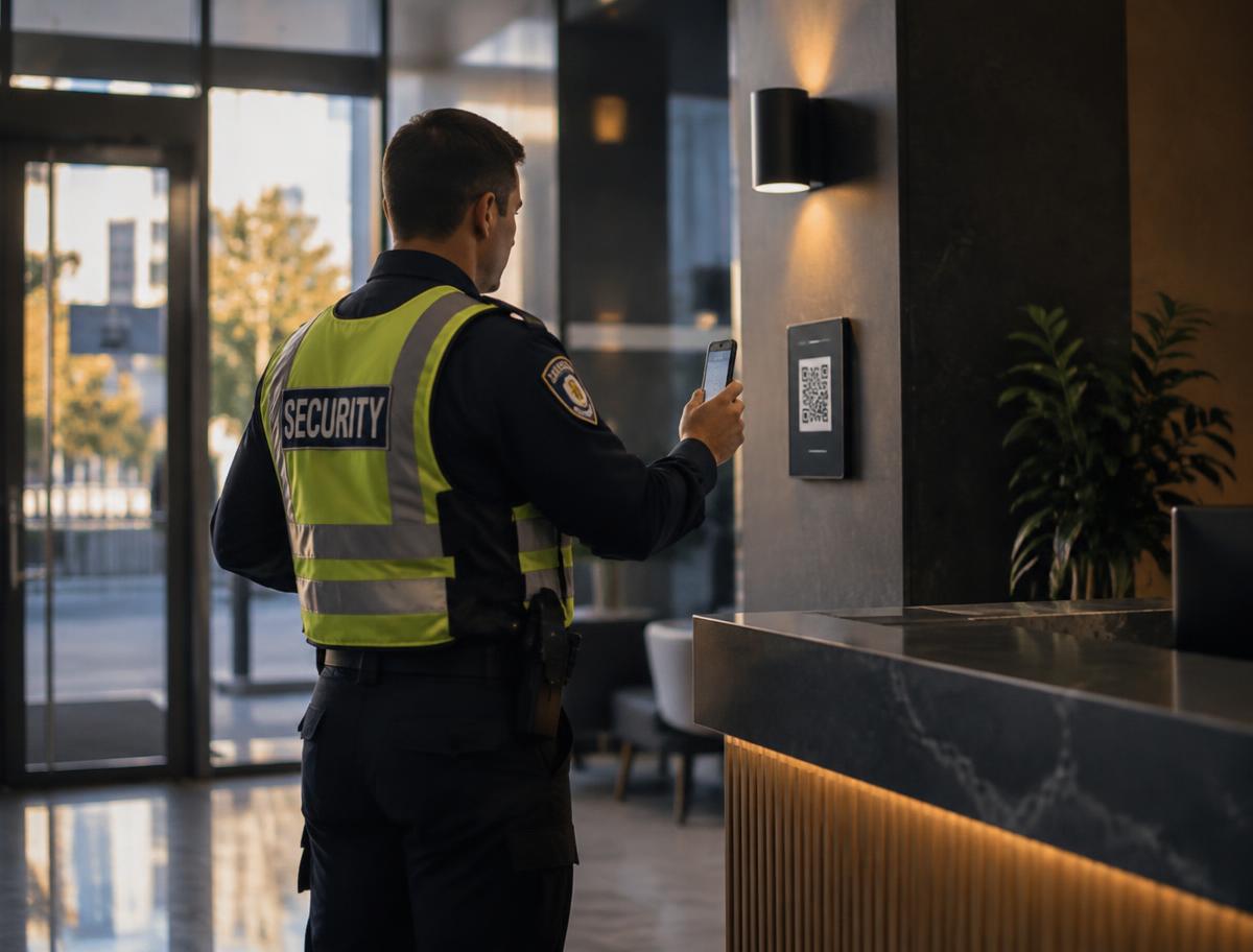 Security guard scanning a wall-mounted QR sign-in point at an office lobby desk at the start of a shift