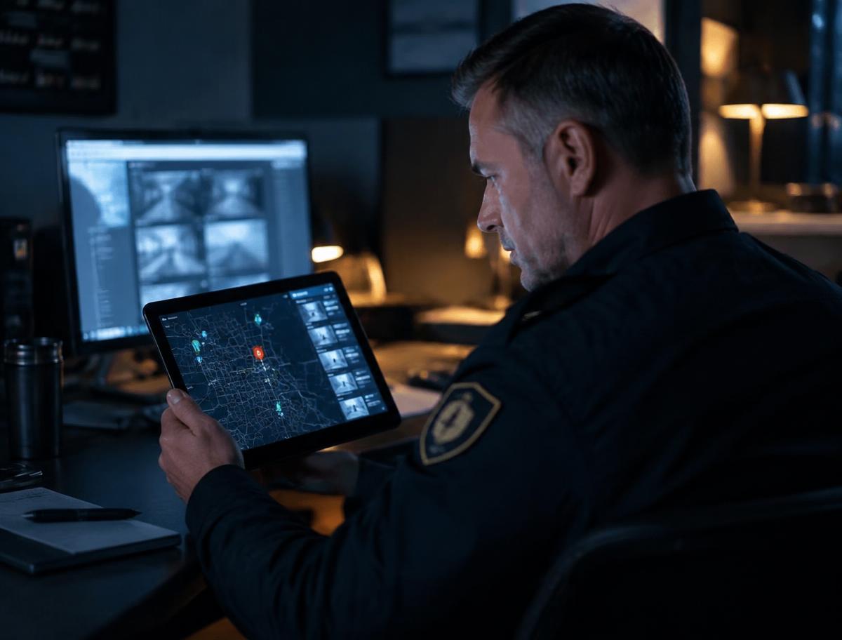 Supervisor reviewing a live guard map with alerts on a tablet in an operations office
